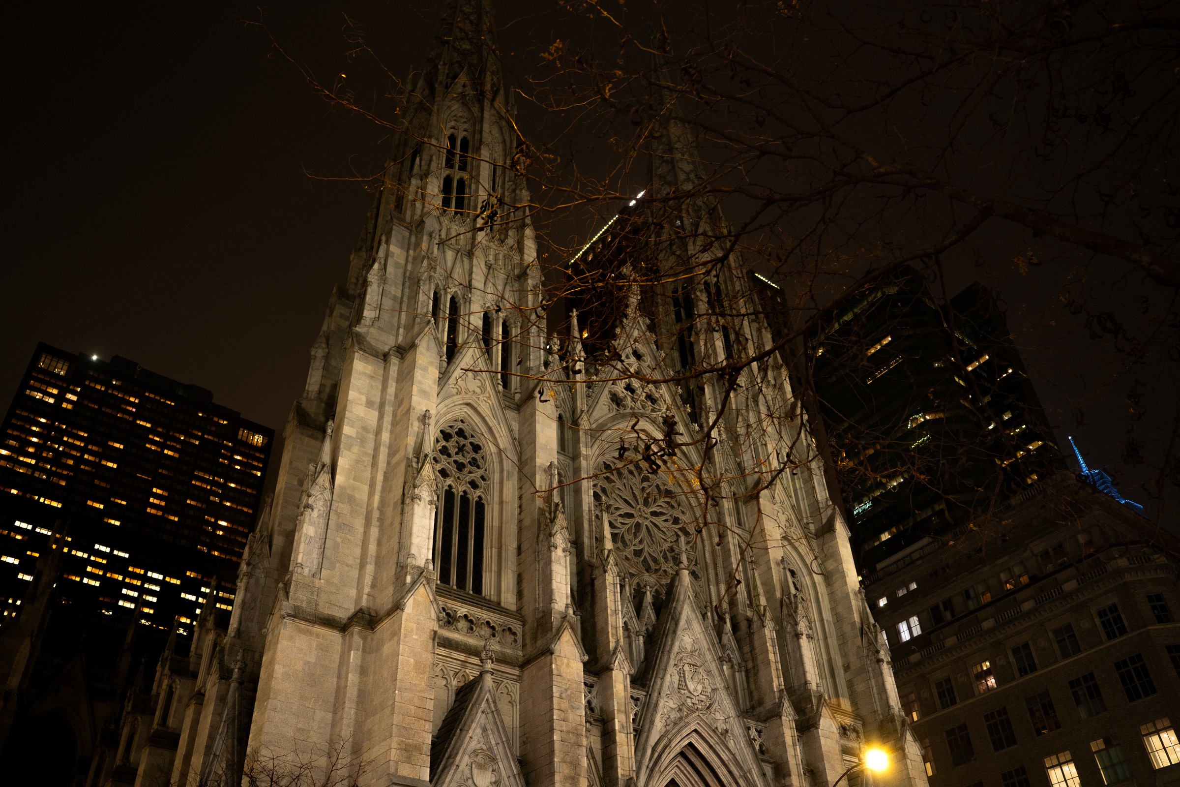 St. Patrick's Cathedral illuminated at night, NYC